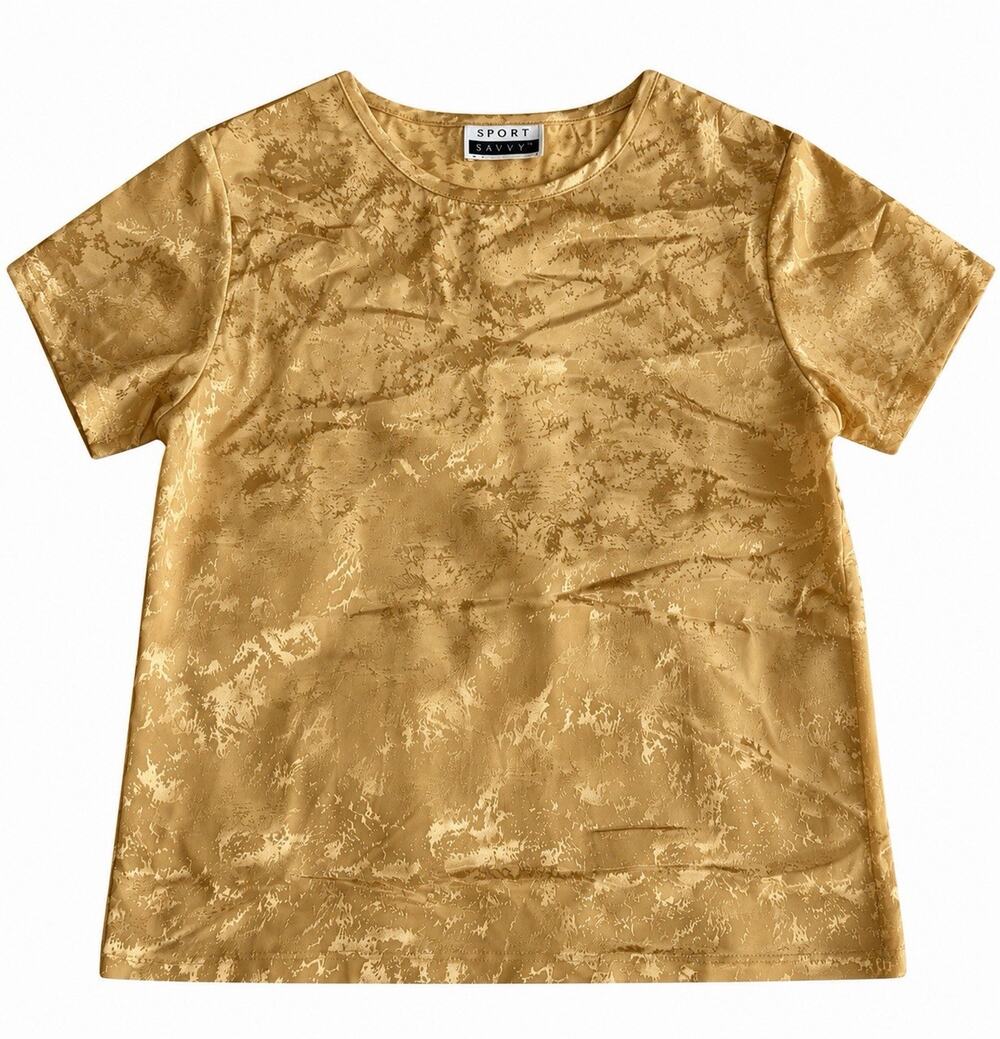 Sport Savvy Women’s XL Gold Satin Jacquard Short Sleeve Blouse Top